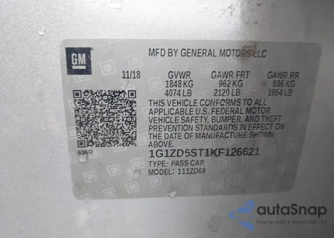 2019 Chevrolet Malibu Lt из США, поврежденный, VIN 1G1ZD5ST1KF126621